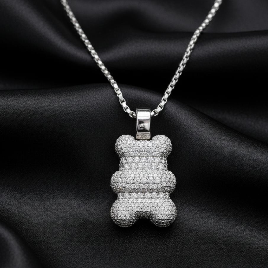 Sterling Silver with Moissanite Men’s Teddy Bear Pendant for him