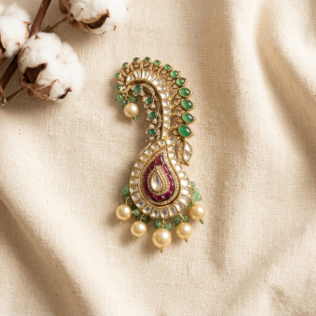 Green Kundan Polki Kalangi cum Brooch In Sterling Silver for him