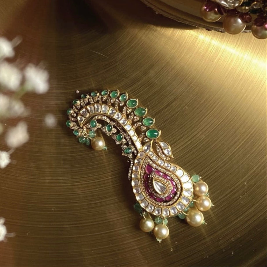 Green Kundan Polki Kalangi cum Brooch In Sterling Silver for him