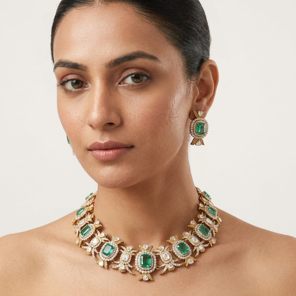 925 Silver Victorian Bridal Moissanite with Lab Grown Emeralds & Polki Necklace