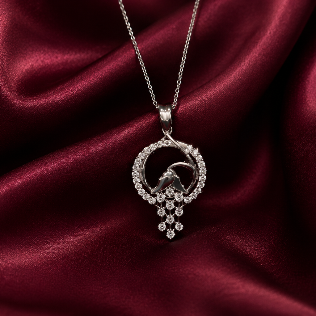 Rose Floral Droplet Pendant in Sterling Silver with Moissanite