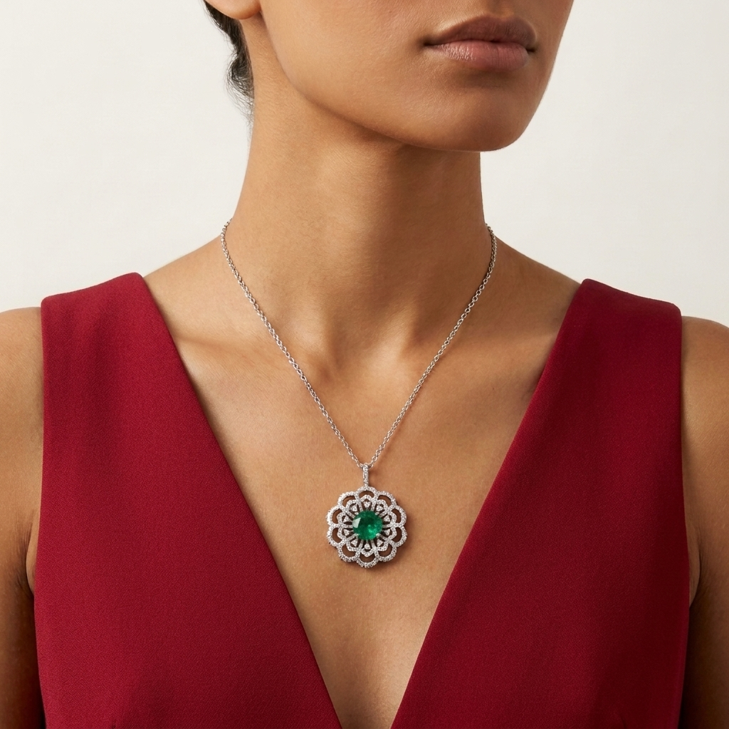 Round Lab Grown Emerald Pendant with Moissanite in Silver
