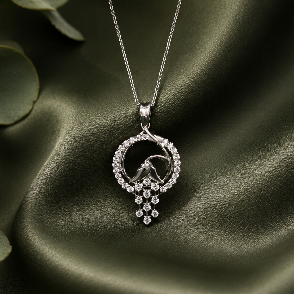Rose Floral Droplet Pendant in Sterling Silver with Moissanite