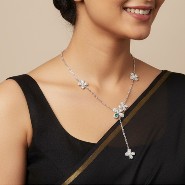 Lab Grown Emerald With Moissanite Floral Pendant in Silver