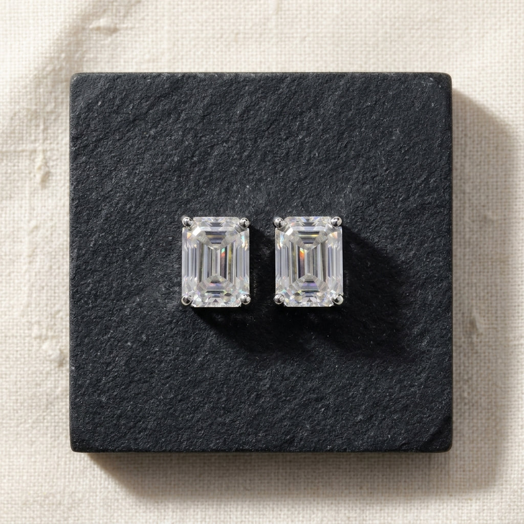 Emerald Cut Moissanite Diamond Studs in Sterling Silver