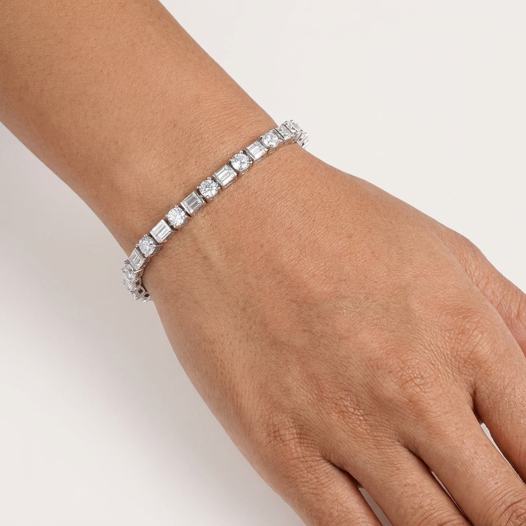 Emerald & Round Eternity Bracelet in Moissanite with Silver