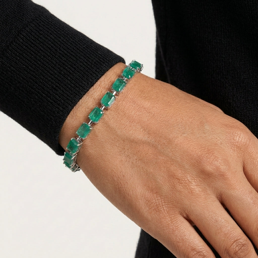 Lab Grown Emerald Tennis Bracelet in Sterling Silver