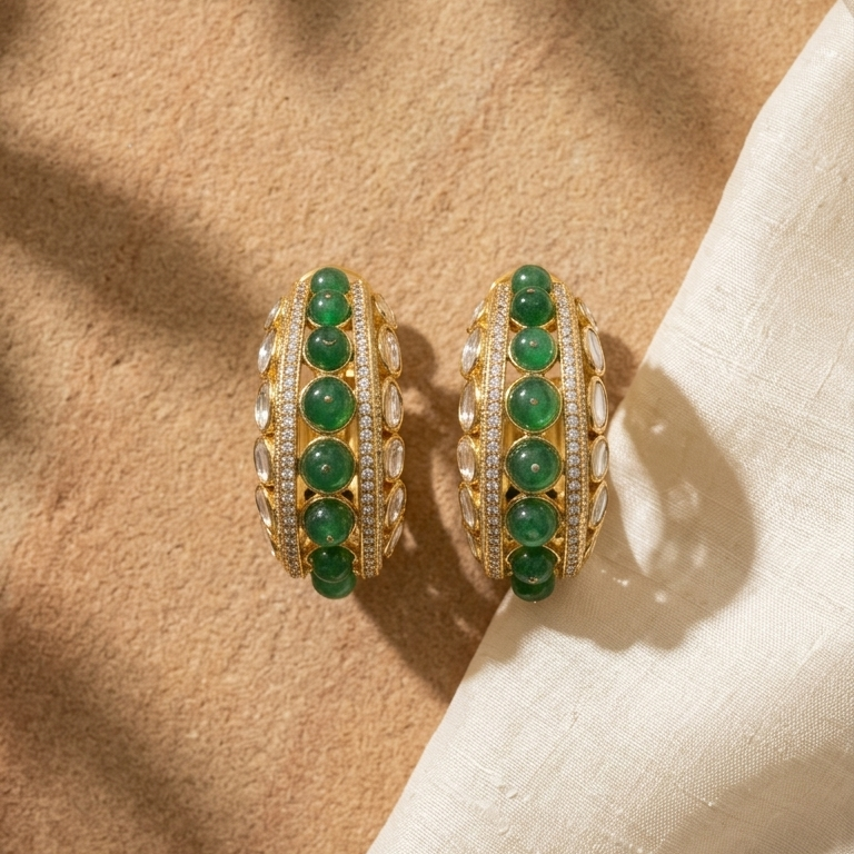 Polki Moissanite Beads Hoop Earrings in 925 Silver