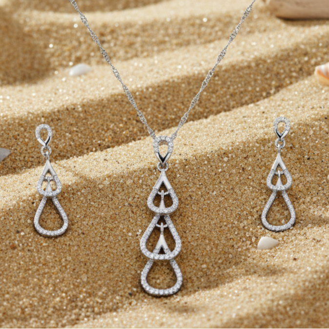 Droplets Sterling Silver Moissanite Pendant Set