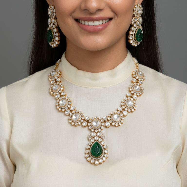 Royal Heritage Moissanite Polki Necklace with Moissanite and Lab Grown Emeralds in Silver
