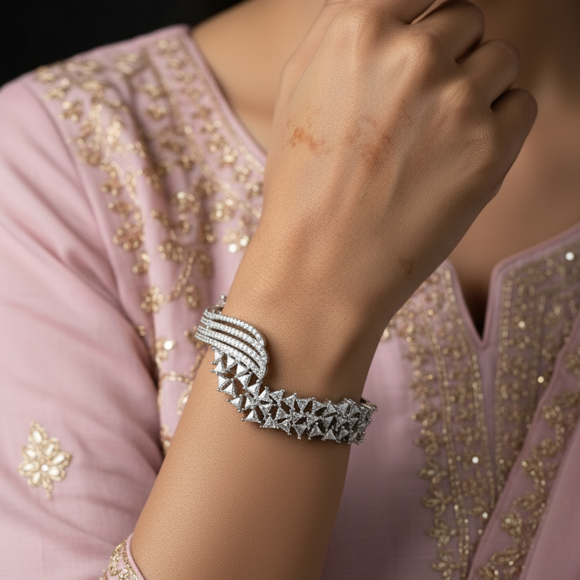 Fancy Moissanite Bracelet cum Kada in 925 Silver