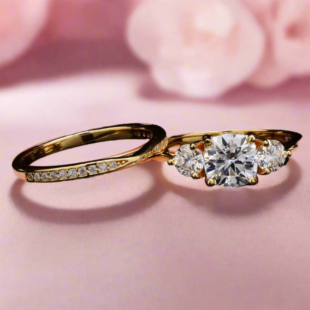 3 Stone Engagement Ring WIth a Band, Moissanite in Sterling Silver