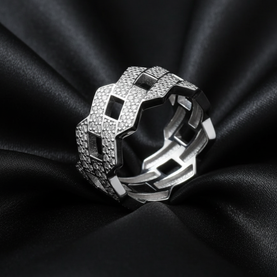 Prong Cuban Ring for him in Sterling Silver with Moissanite