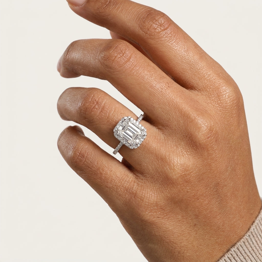 Emerald Solitaire Ring with Crown Halo in Moissanite with Sterling Silver