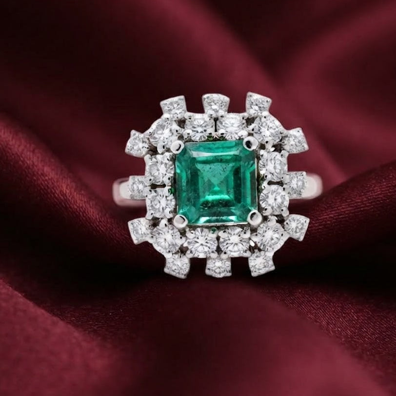 Designer Moissanite and Emerald Statement Ring in Sterling Silver