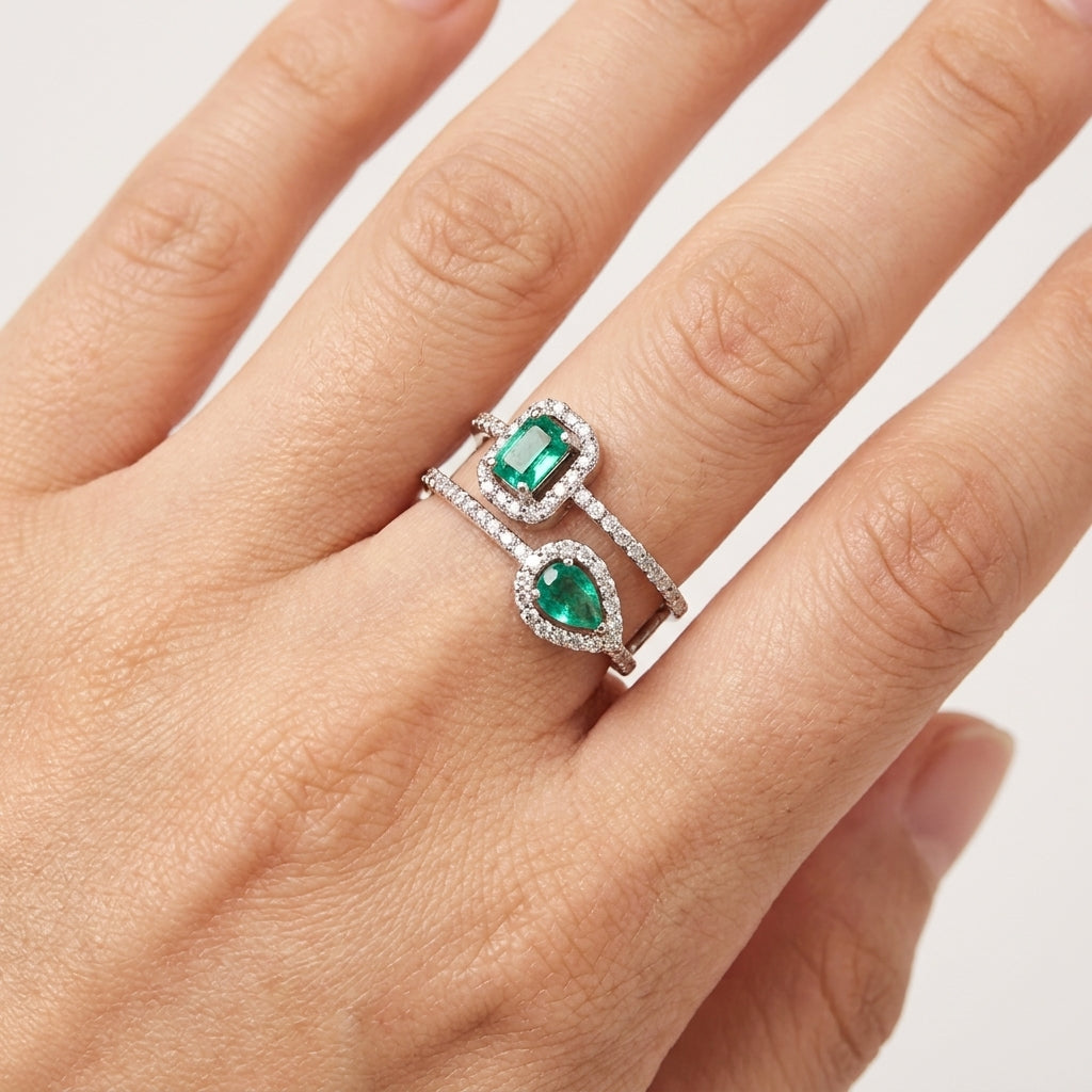 Lab Grown Emerald Baguette Ring in Sterling Silver with Moissanite