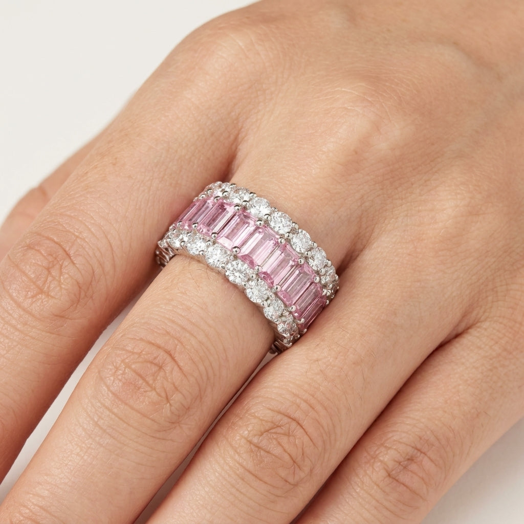 Classic Baguette Eternity Ring Band with Moissanite in Sterling Silver
