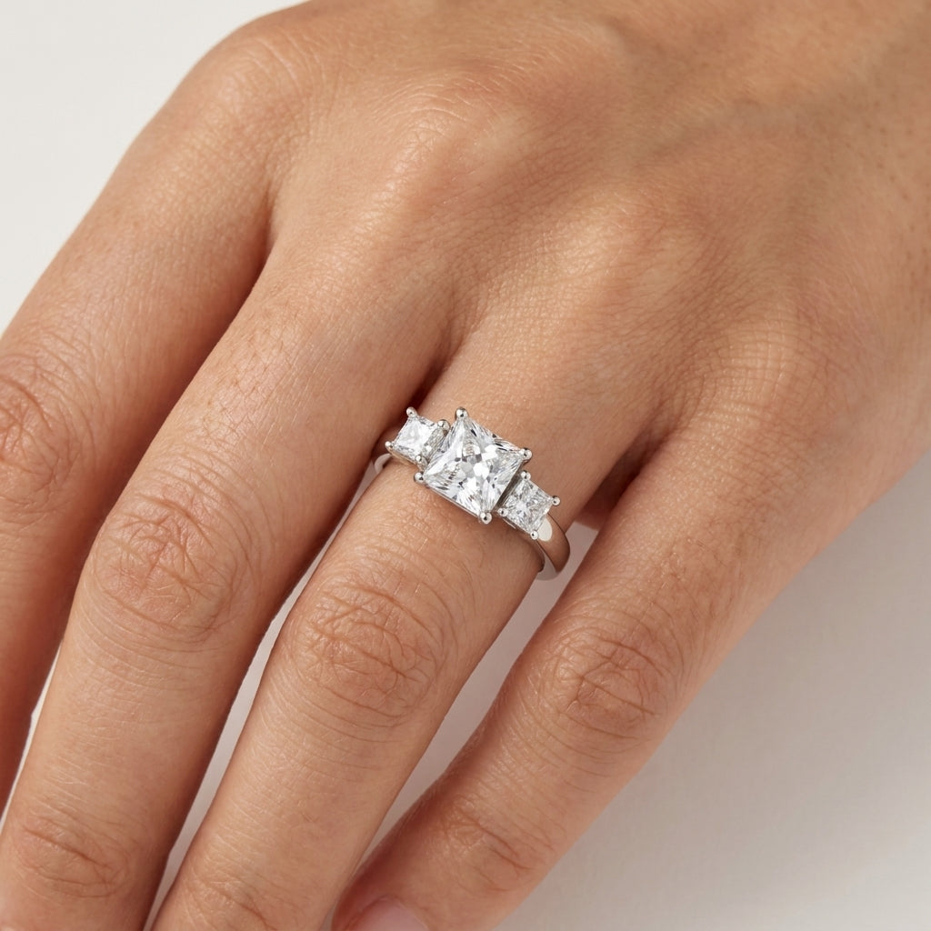 3 stone Princess cut Engagement Ring in Moissanite and Sterling Silver