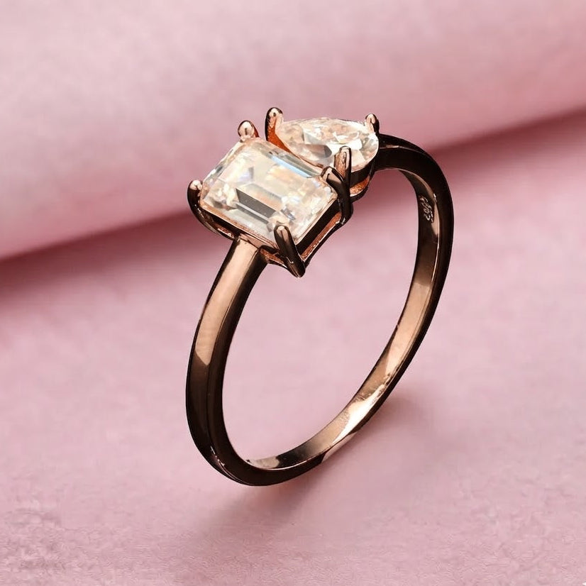 Moissanite Pear and Emerald Toi Et Moi Ring in Sterling Silver