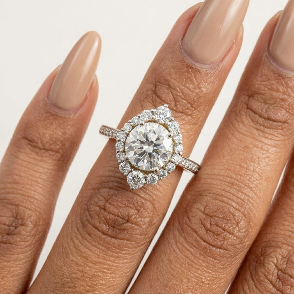 Round Halo Engagement Ring with Moissanite in Sterling Silver