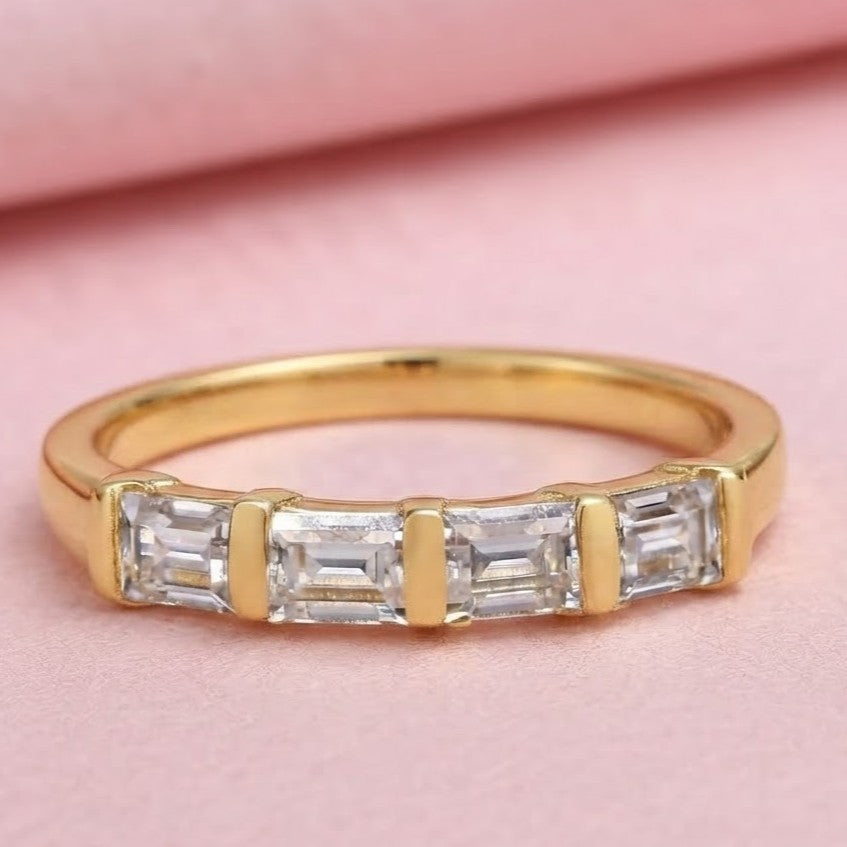 Moissanite Baguette cut 4 Stone Ring in Sterling Silver