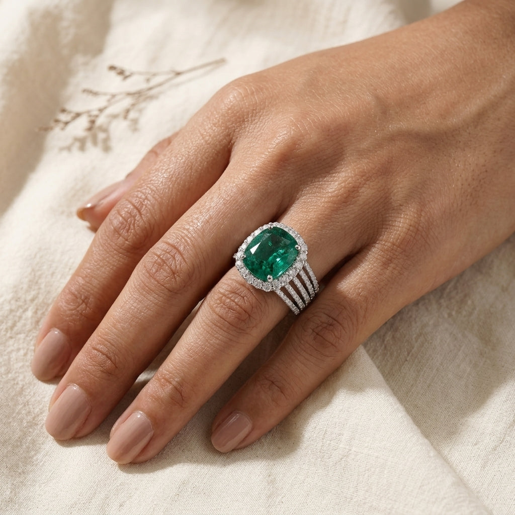 Emerald Glow Lab Grown Emerald & Moissanite Ring in 925 Silver