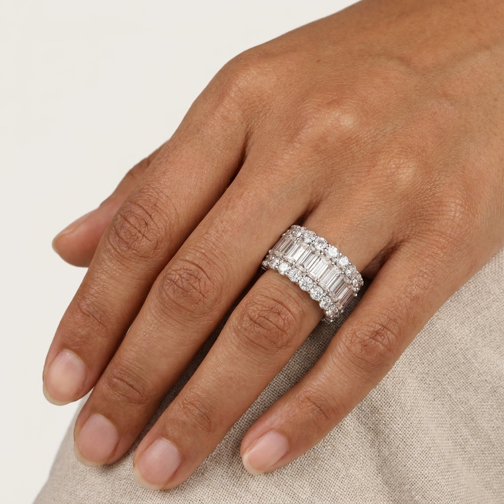 Classic Baguette Eternity Ring Band with Moissanite in Sterling Silver