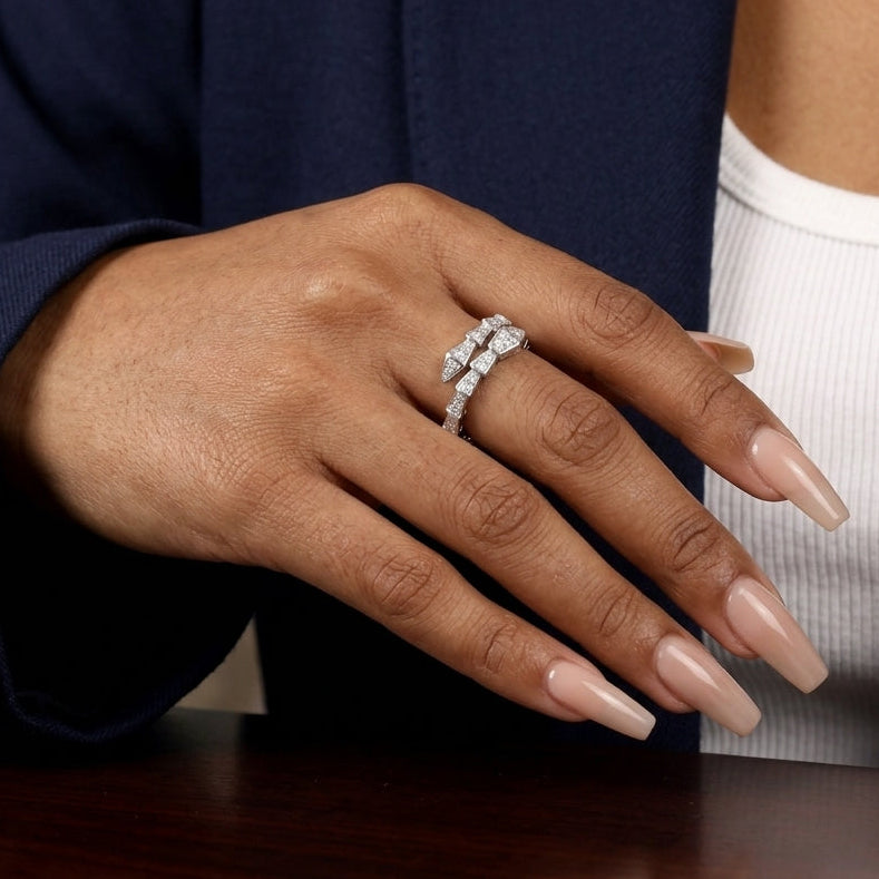 Sterling Silver with Moissanite Serpent Coil Ring| Snake Ring