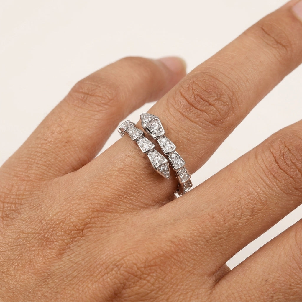Sterling Silver with Moissanite Serpent Coil Ring| Snake Ring