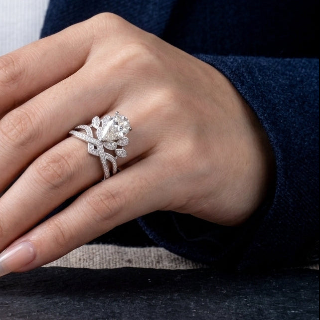 Pear Cut Crown Engagement Ring with Moissanite in Sterling Silver