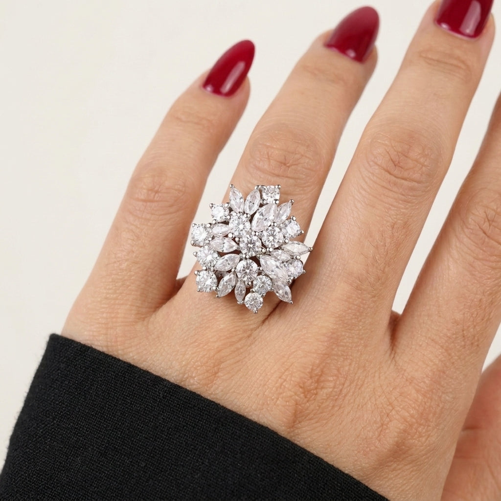Moissanite Diamond Cluster Ring in Sterling Silver