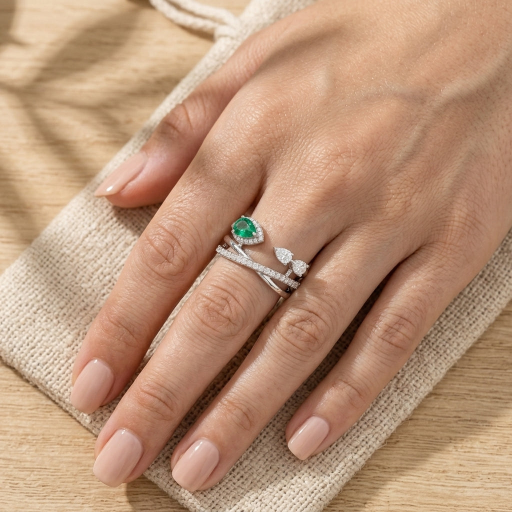 Lab Grown Emerald Pear with Moissanite in Sterling Silver Ring