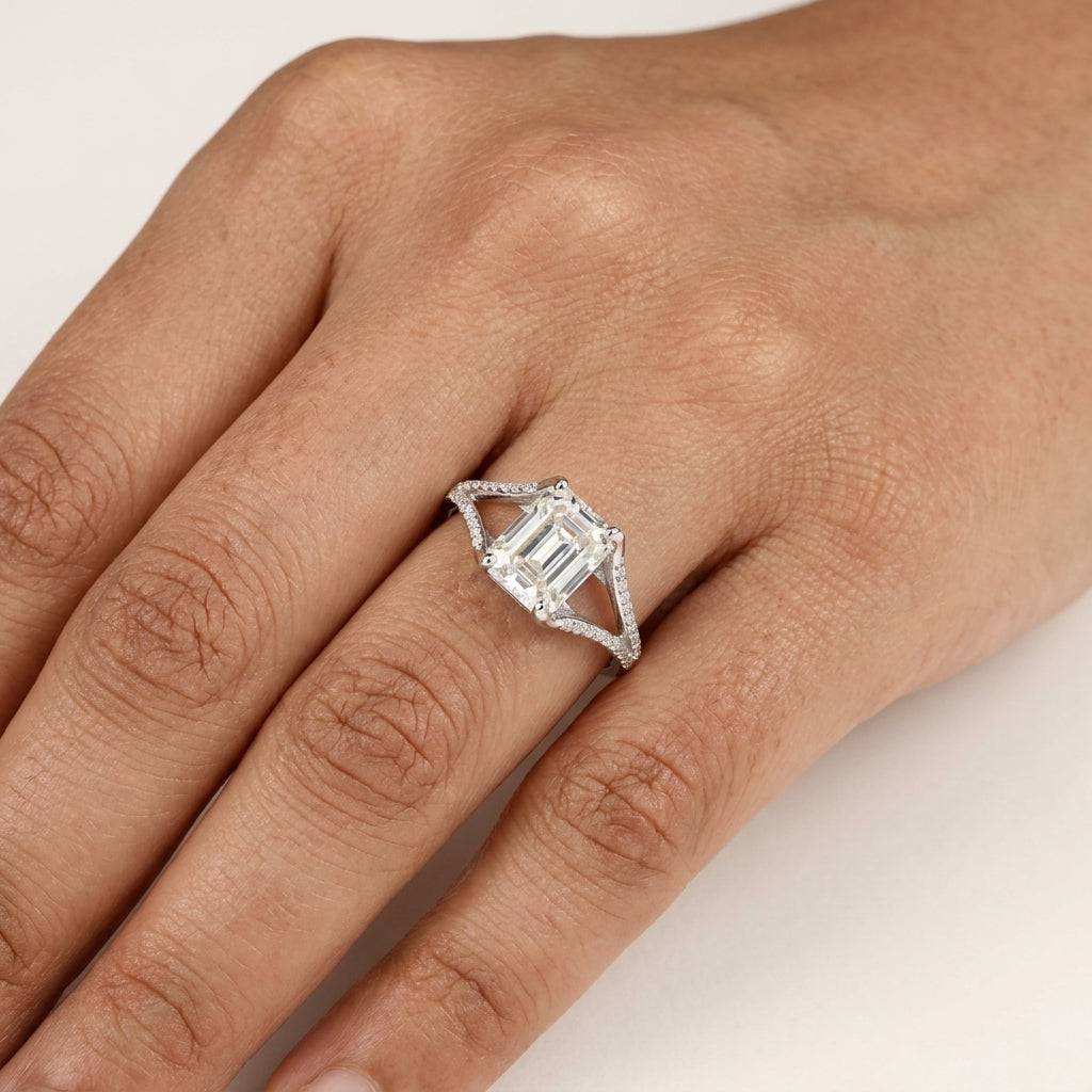 Emerald Cut Split Shank Ring with Moissanite in Sterling Silver