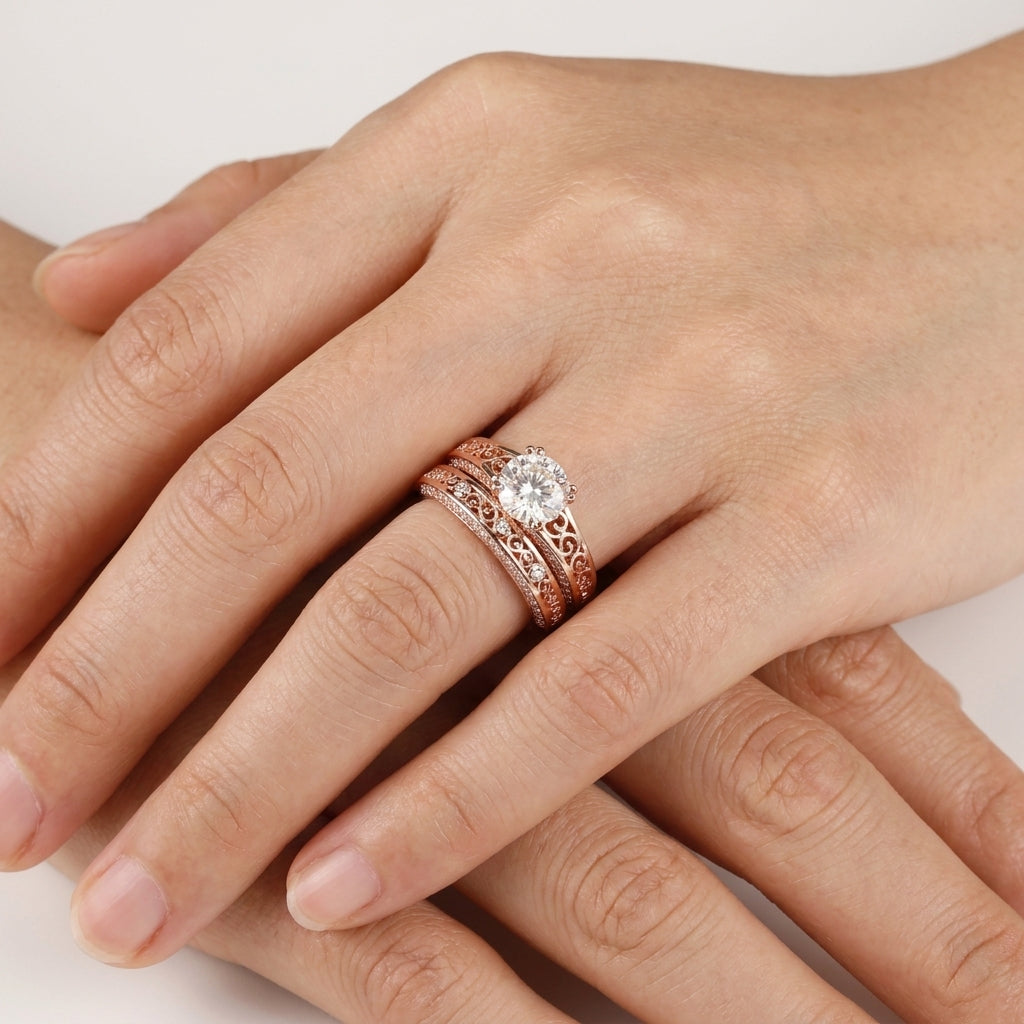 Elegant design Filigree Engagement Ring with Moissanite in Sterling Silver
