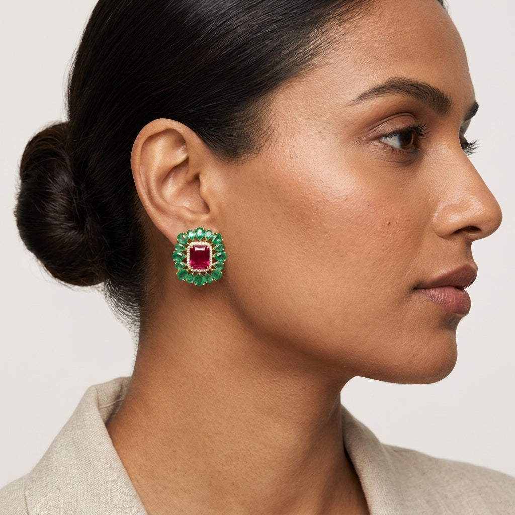 Lab-Grown Emerald Earrings with Ruby in 925 Sterling Silver