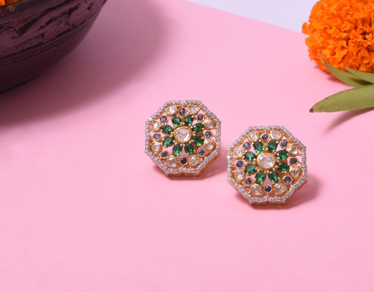 Hexagon Kundan Polki Studs Earrings