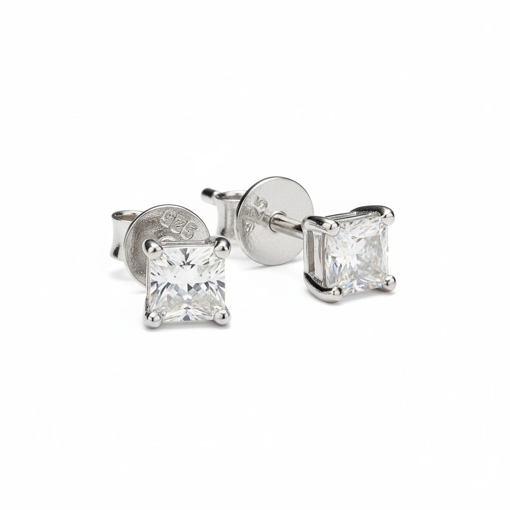 Princess Cut Moissanite Diamond Studs in 925 Sterling Silver