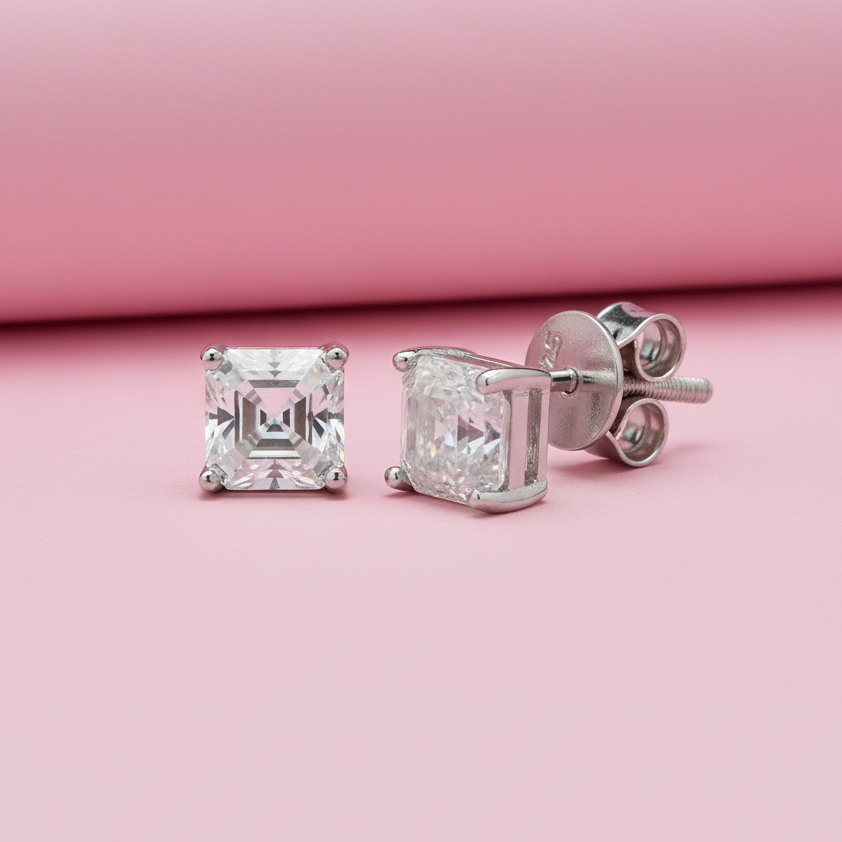 Square Moissanite Diamond Studs in Sterling SIlver