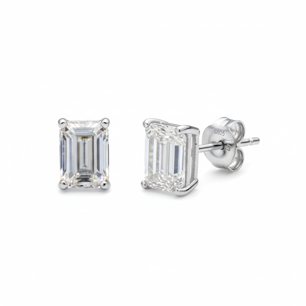 Emerald Cut Moissanite Diamond Studs in Sterling Silver