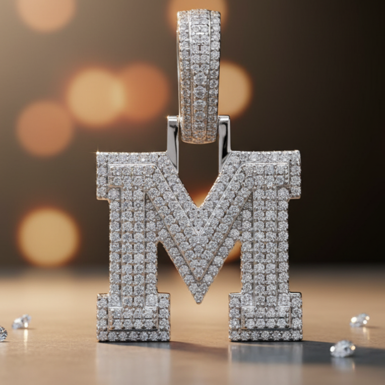 Sterling Silver Luxury Moissanite Initial M Charm Pendant for him