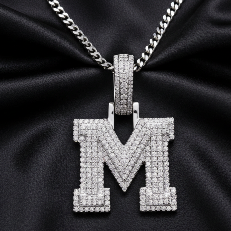Sterling Silver Luxury Moissanite Initial M Charm Pendant for him