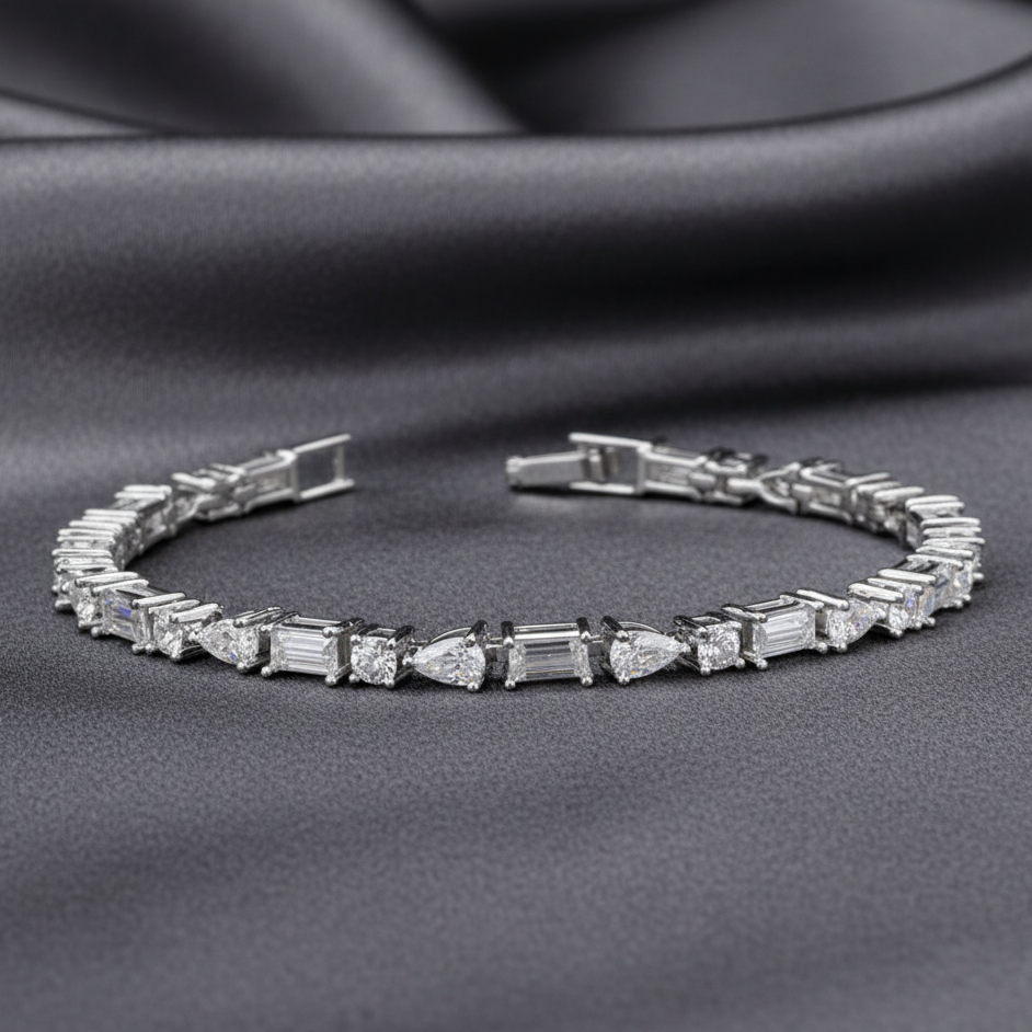 Asymmetrical Eternity Moissanite Bracelet in 925 Silver